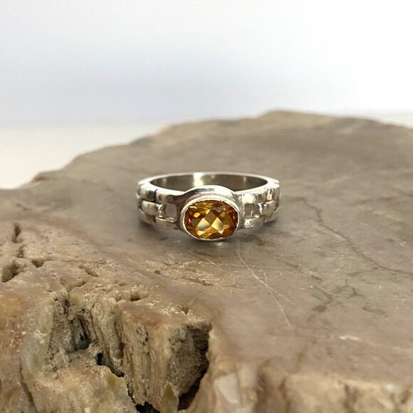 Sterling Silver 925 East West Oval Citrine Basketweave Chain Link Band Ring Sz 8 - Picture 2 of 16